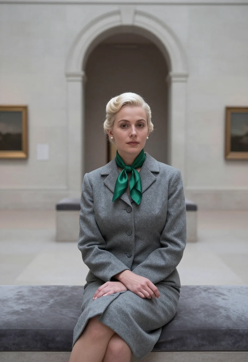 AI vertigo san francisco madeleine grey suit emerald sample — portrait of a woman, an Italian woman in her late twenties w