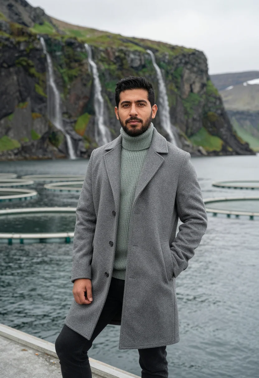 AI vestmanna aquaculture director sea slate sample — portrait of a man, in his early forties, of Chilean descent,