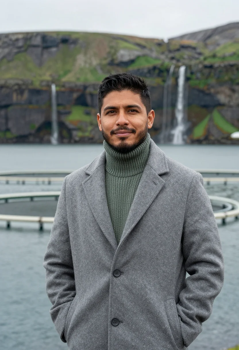 AI vestmanna aquaculture director sea slate sample — portrait of a man, in his early forties, of Chilean descent,