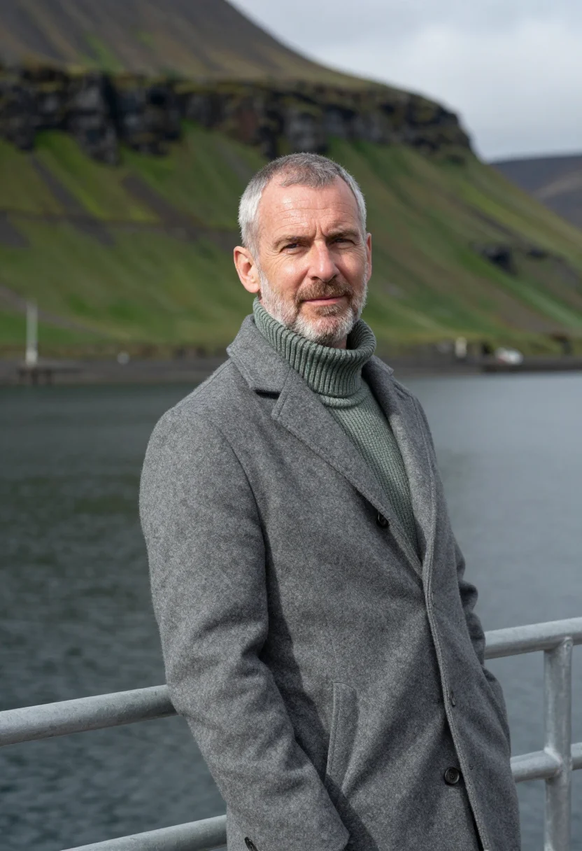 AI vestmanna aquaculture director sea slate sample — portrait of a man, in his early fifties, with ruddy fair ski