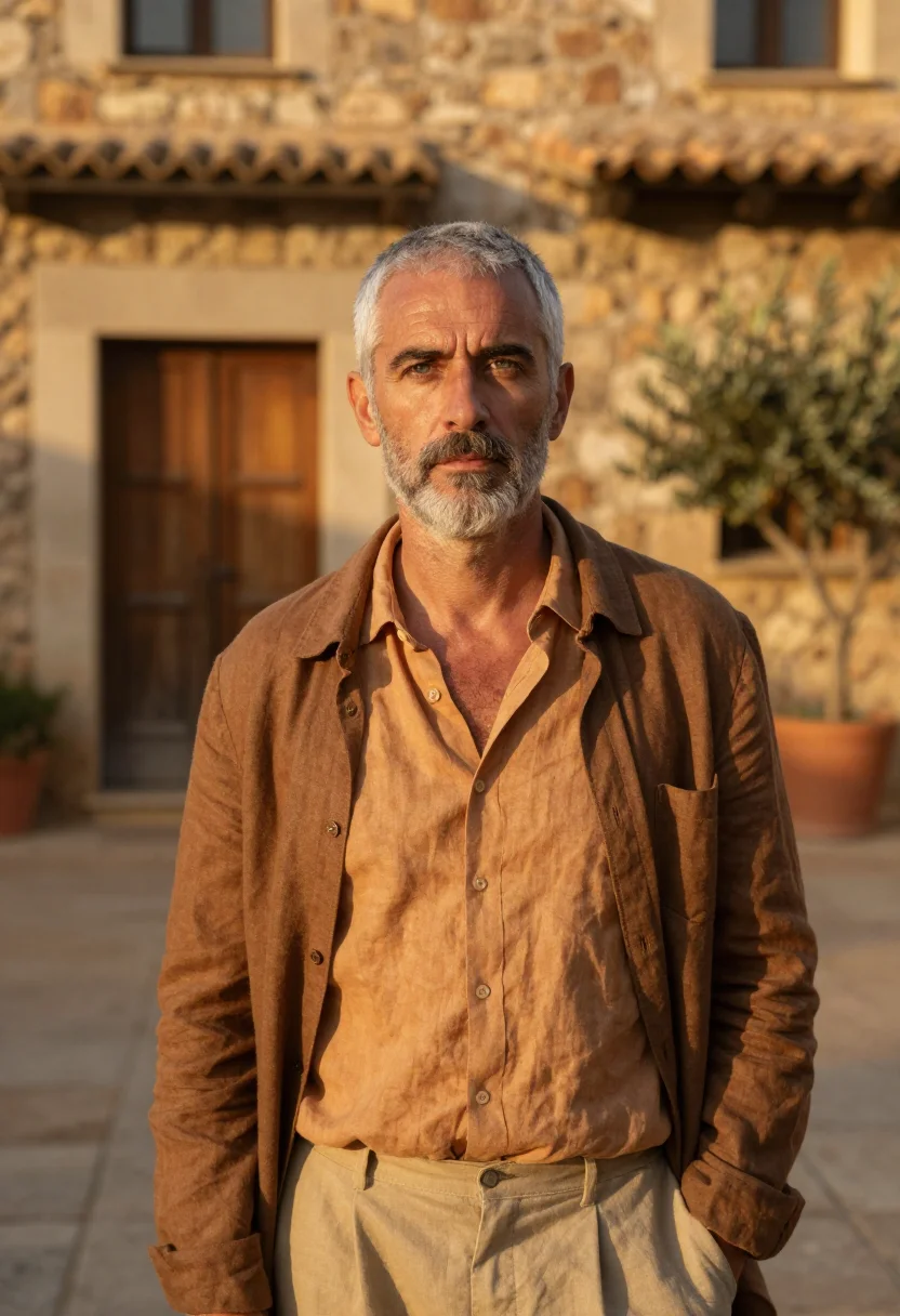 AI vicky cristina barcelona juan antonio atelier ochre sample — portrait of a man, a French man in his early fifties with we