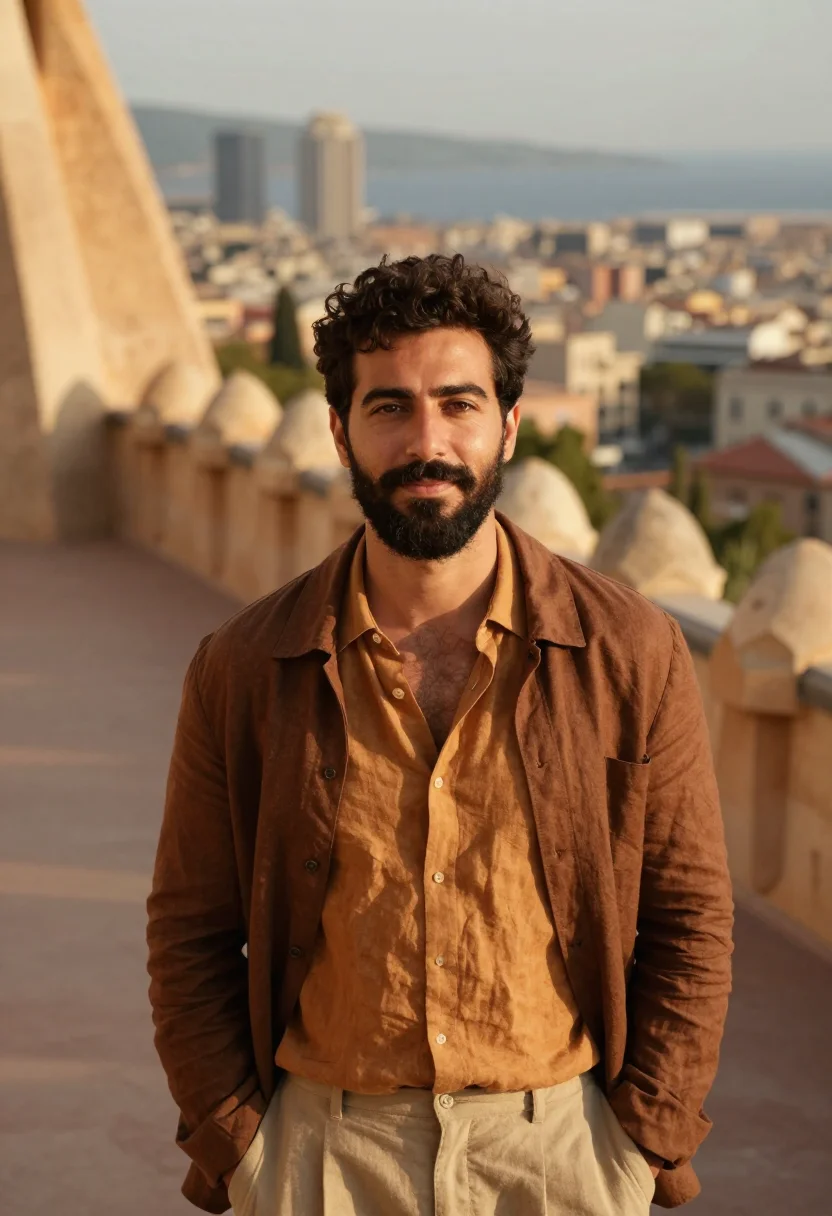 AI vicky cristina barcelona juan antonio atelier ochre sample — portrait of a man, a Portuguese man in his mid-thirties with
