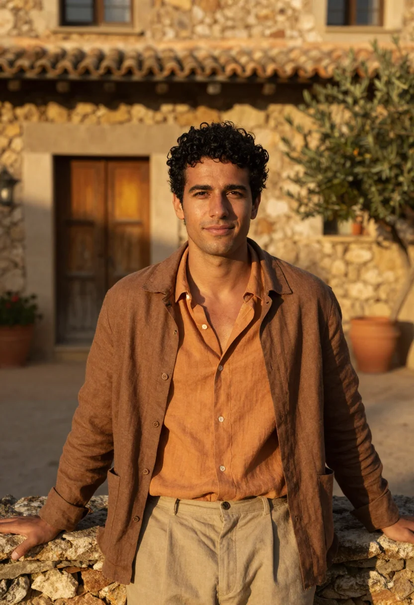 AI vicky cristina barcelona juan antonio atelier ochre sample — portrait of a man, an Andalusian man in his late twenties wi