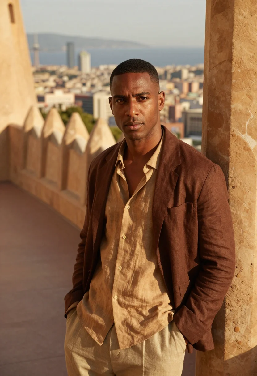 AI vicky cristina barcelona juan antonio atelier ochre sample — portrait of a man, a Black Spanish man of Cuban descent in h