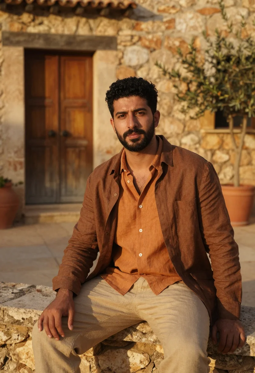 AI vicky cristina barcelona juan antonio atelier ochre sample — portrait of a man, a Lebanese man in his early forties with