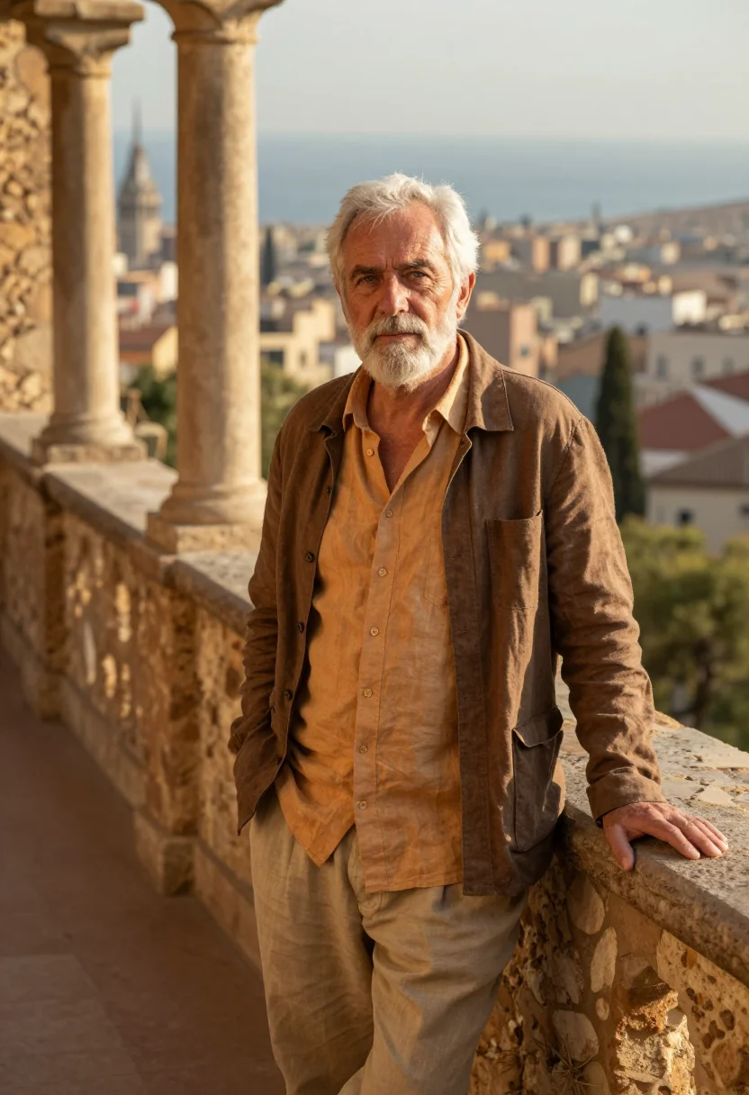 AI vicky cristina barcelona juan antonio atelier ochre sample — portrait of a man, a Basque man in his early sixties with su
