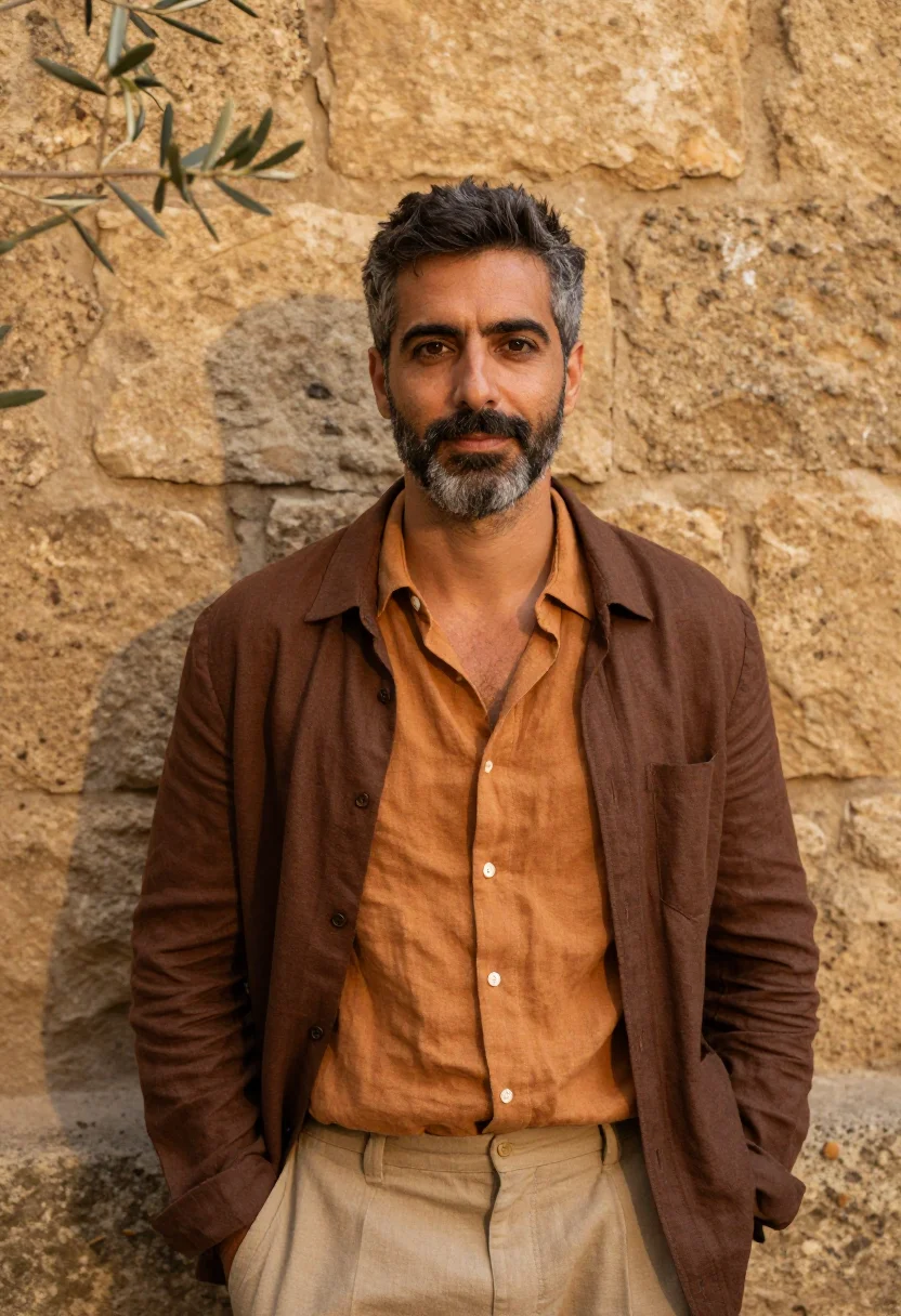 AI vicky cristina barcelona juan antonio atelier ochre sample — portrait of a man, a Catalan man in his mid-forties with tan