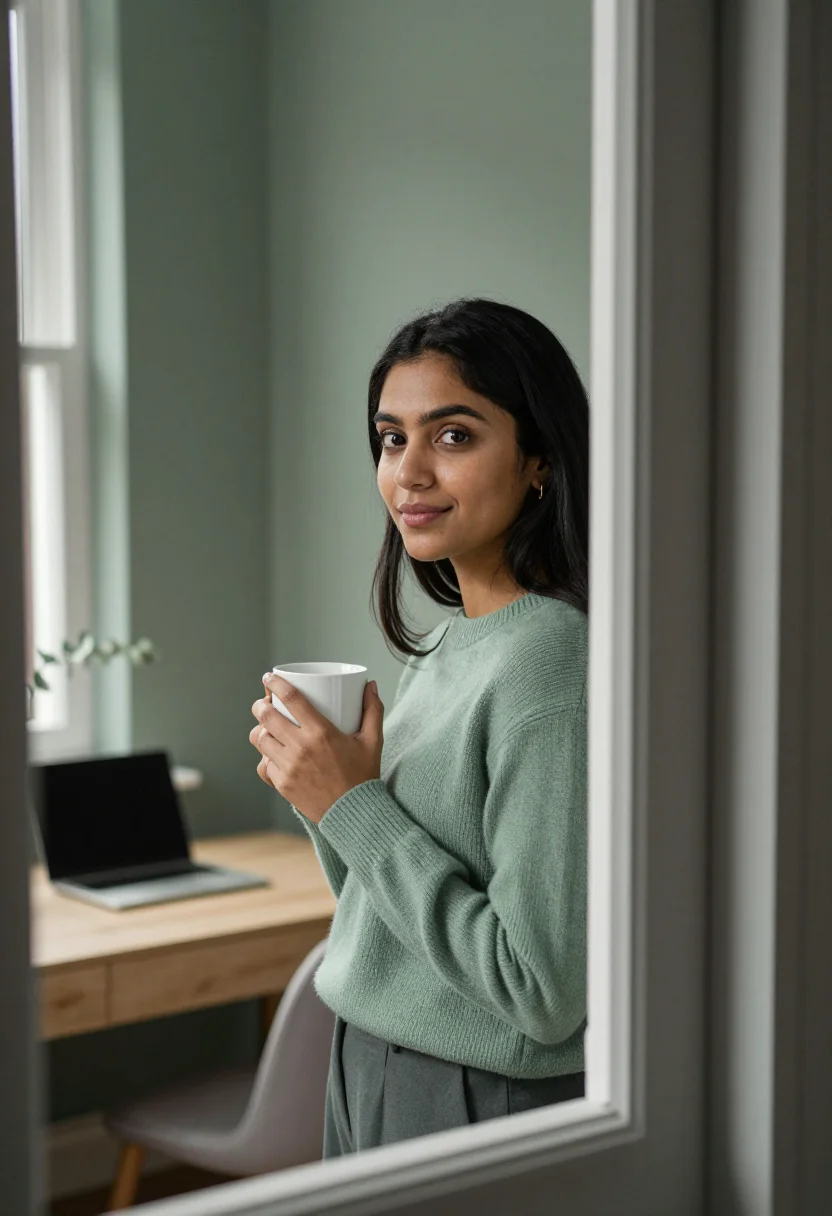 AI video call sage sample — portrait of a woman, framed tight, head and shoulders, the b