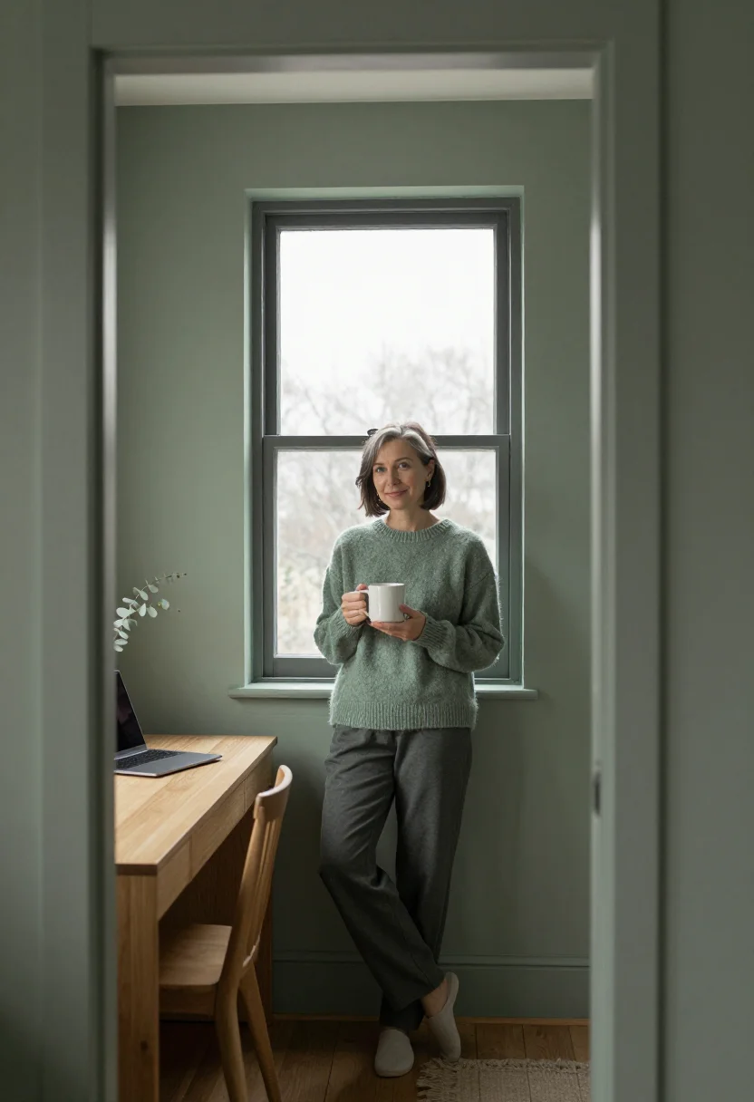 AI video call sage sample — portrait of a woman, framed wide and full-length from the do