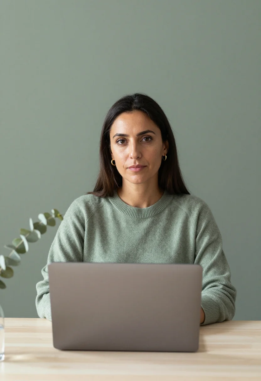 AI video call sage sample — portrait of a woman, framed tight, head and shoulders, the b