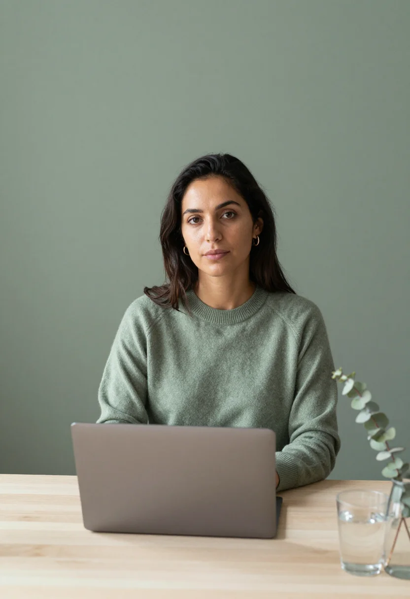 AI video call sage sample — portrait of a woman, framed half-length, seated, from the he