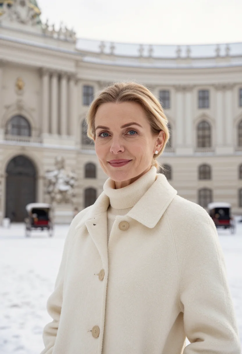 AI vienna hofburg cream sample — portrait of a woman, framed head and shoulders, tighter, the