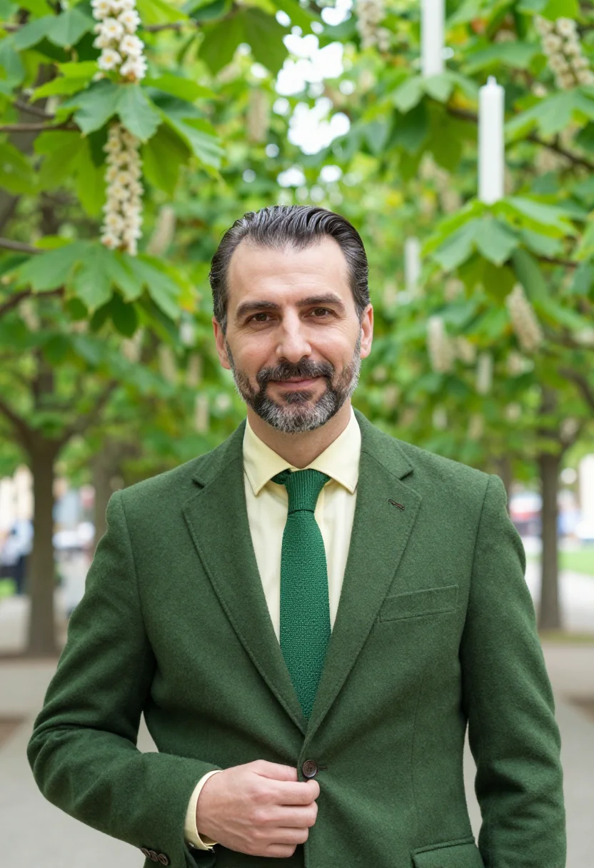 AI vienna prater hauptallee may green headshot sample — portrait of a man, a diplomat in his early fifties of Hungar