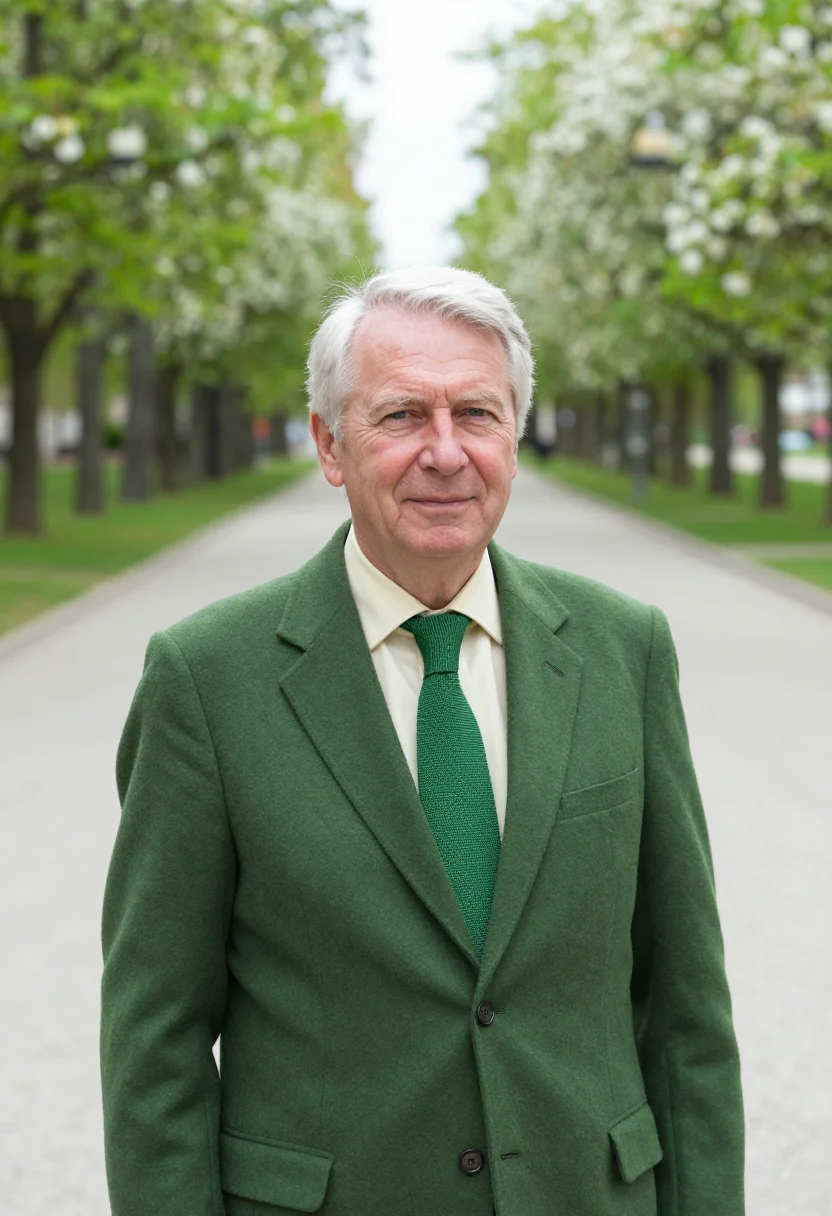 AI vienna prater hauptallee may green headshot sample — portrait of a man, a senior diplomat in his early sixties of