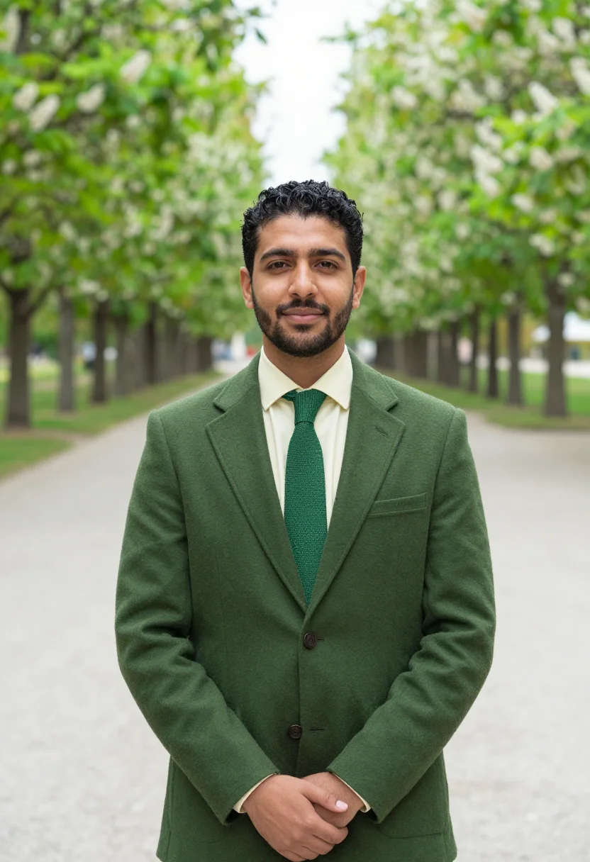 AI vienna prater hauptallee may green headshot sample — portrait of a man, a diplomat in his early forties of Morocc