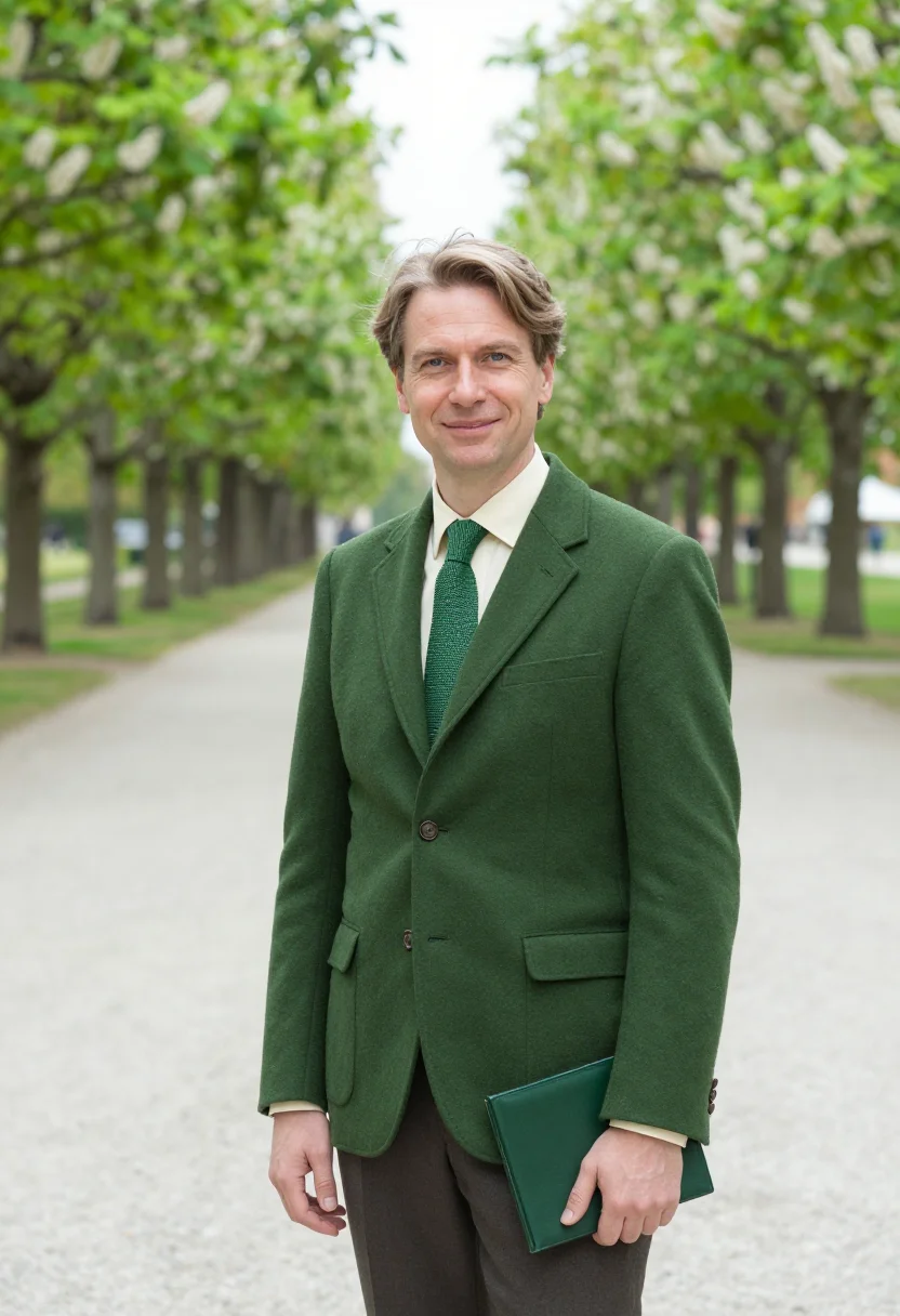 AI vienna prater hauptallee may green headshot sample — portrait of a man, a diplomat in his early fifties of Swiss