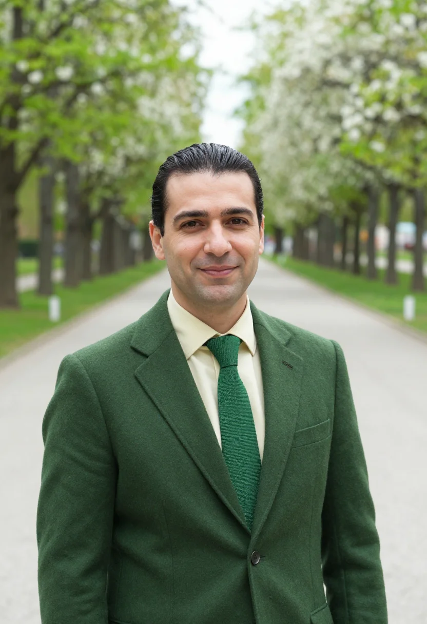 AI vienna prater hauptallee may green headshot sample — portrait of a man, a diplomat in his early forties of Croati