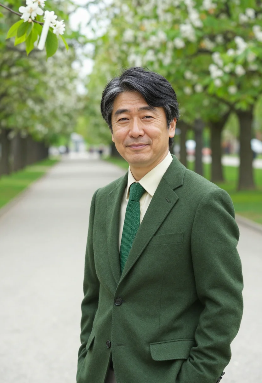 AI vienna prater hauptallee may green headshot sample — portrait of a man, a diplomat in his late forties of Japanes