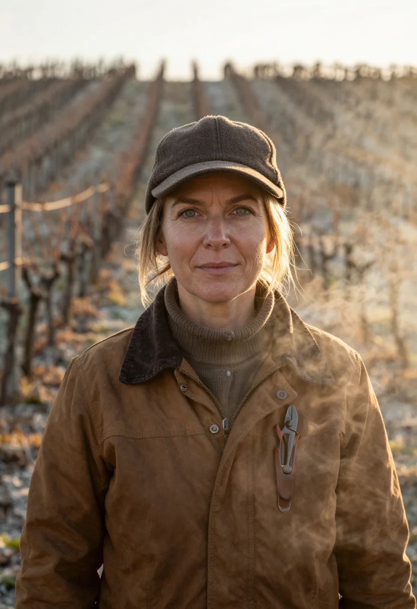 AI vigneronne pruning brown sample — portrait of a woman, framed tight on the head and the collar