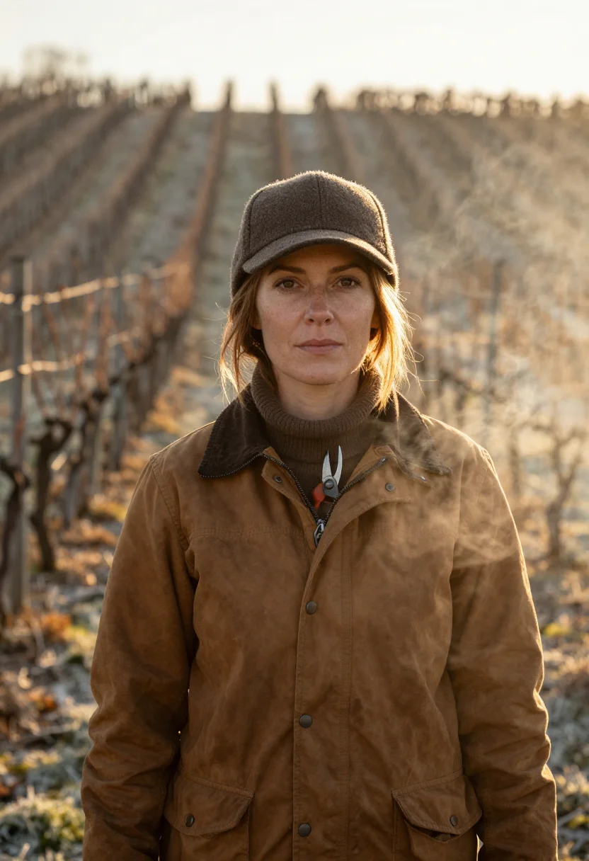 AI vigneronne pruning brown sample — portrait of a woman, framed chest-up from the ribs with the