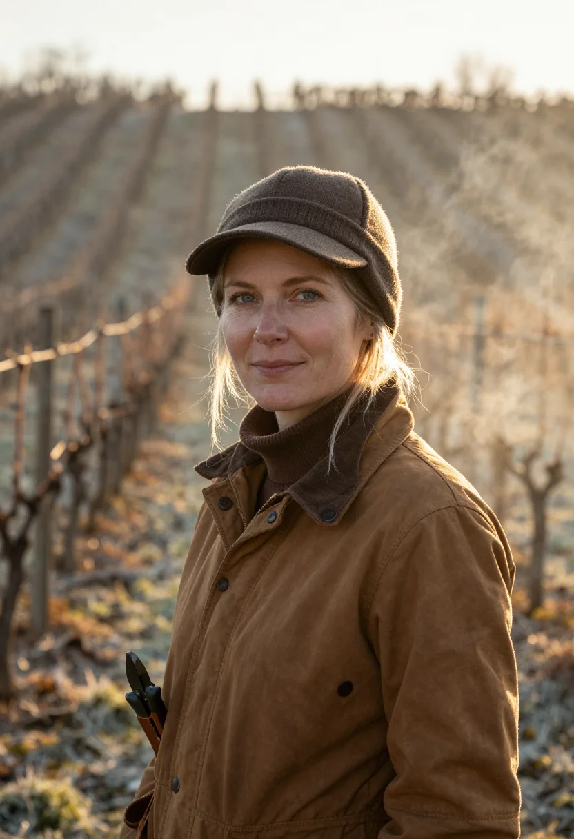 AI vigneronne pruning brown sample — portrait of a woman, framed head and shoulders, tighter, the