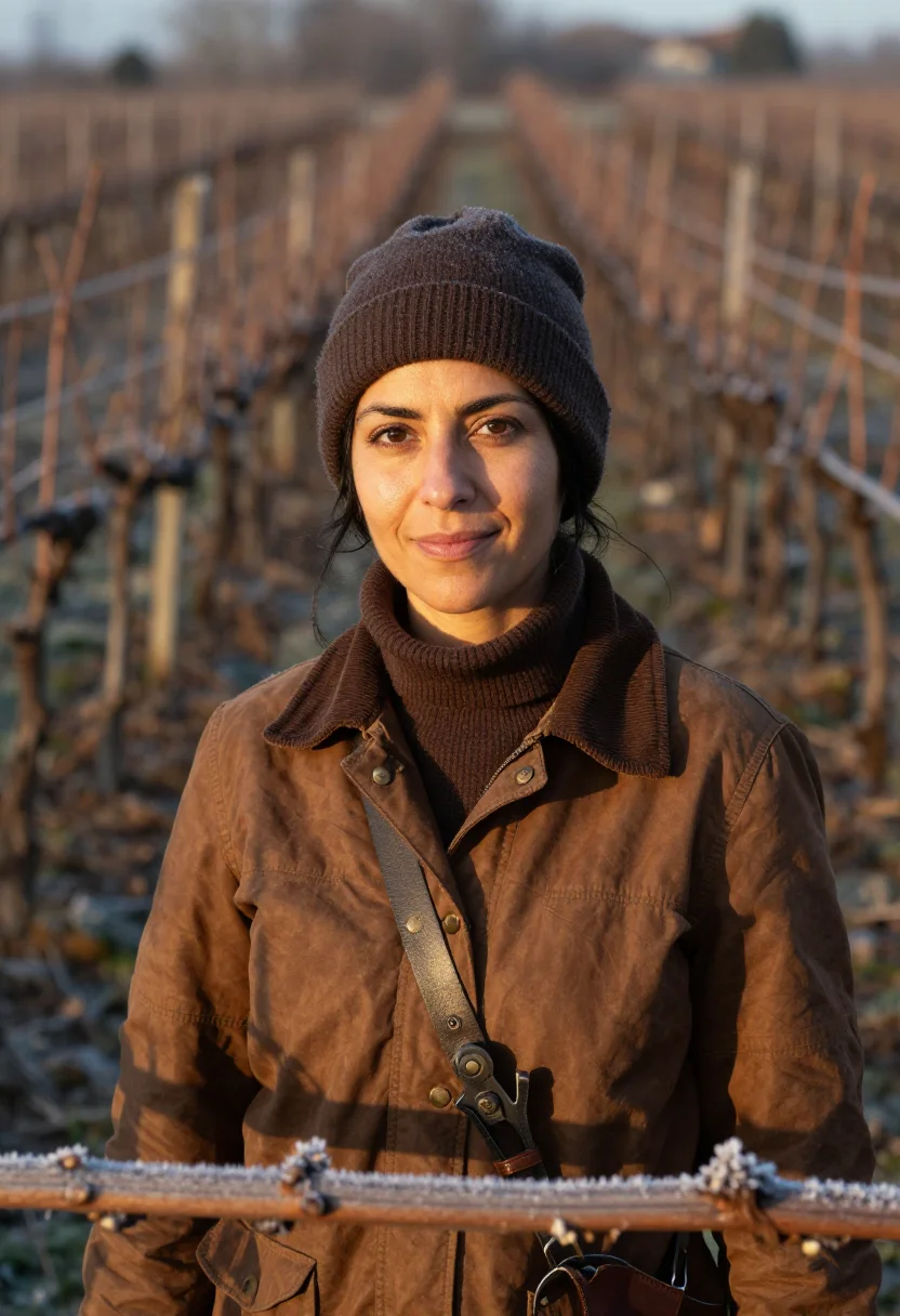 AI vigneronne pruning brown sample — portrait of a woman, framed head and shoulders, tighter, the