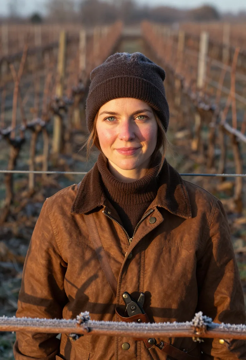 AI vigneronne pruning brown sample — portrait of a woman, framed tight on the head and the collar