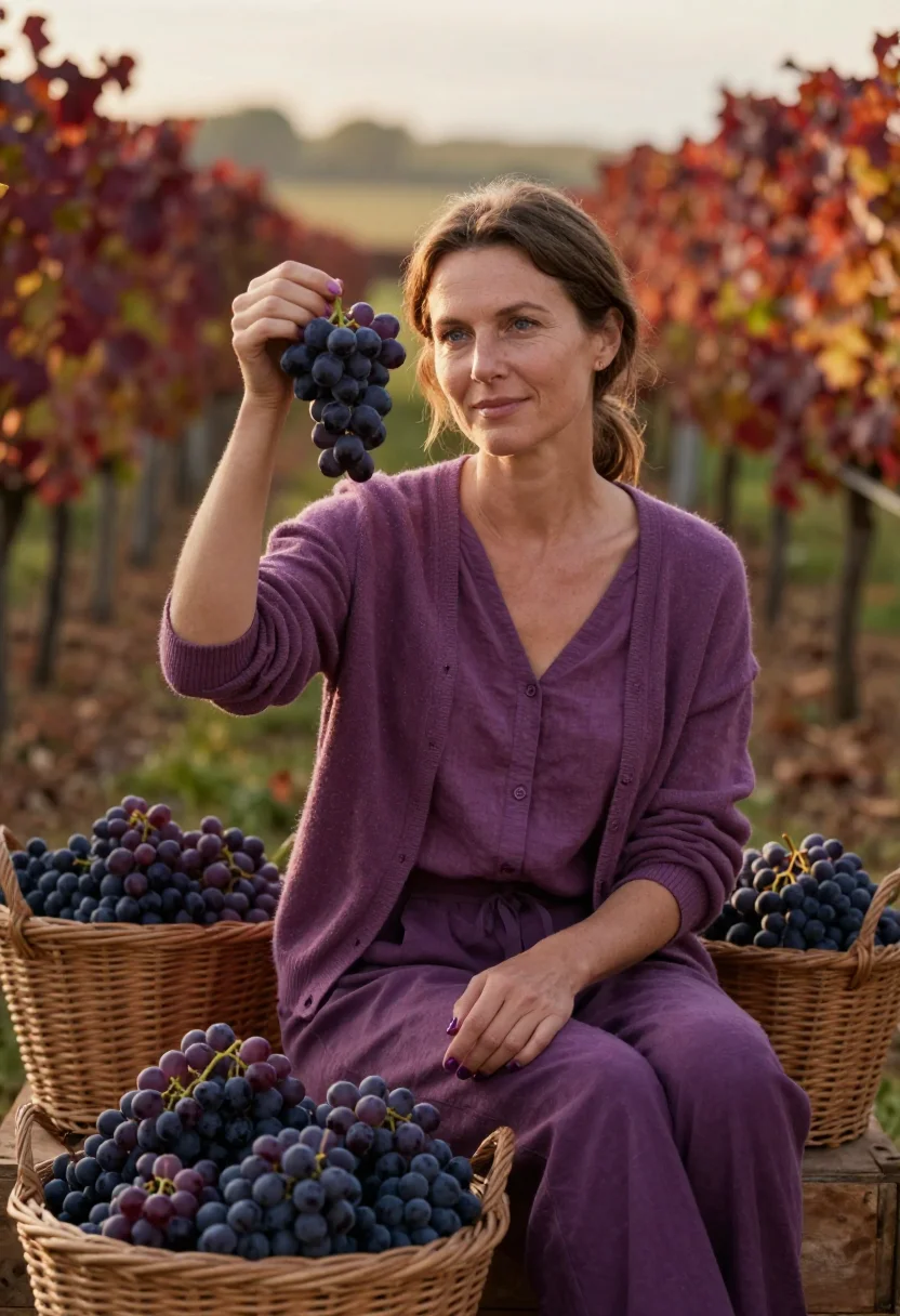 AI vigneronne vendanges plum sample — portrait of a woman, framed chest-up from the ribs, the body