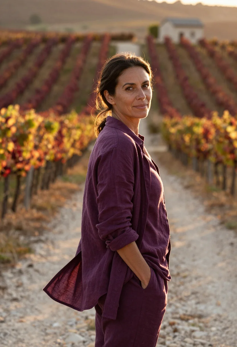 AI vigneronne vendanges plum sample — portrait of a woman, framed chest-up from the ribs, the body