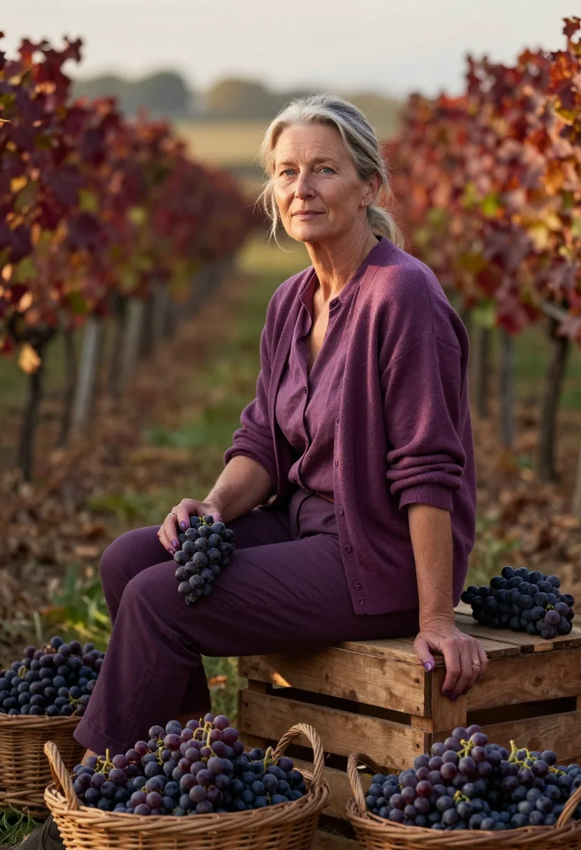 AI vigneronne vendanges plum sample — portrait of a woman, framed three-quarter length from the kn