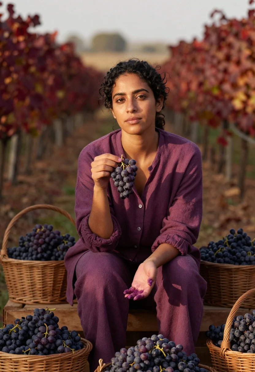 AI vigneronne vendanges plum sample — portrait of a woman, framed half-length from the lap up, the