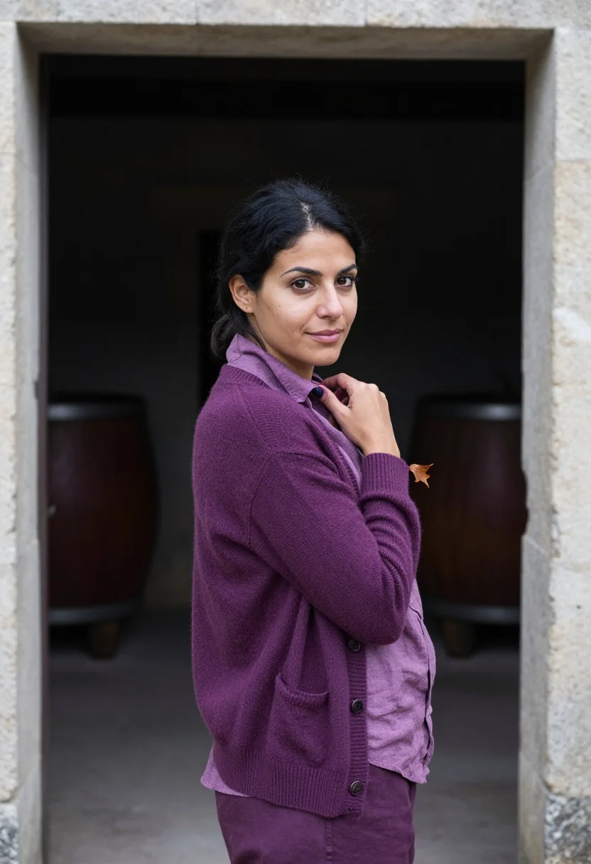 AI vigneronne vendanges plum sample — portrait of a woman, framed chest-up from the ribs, the body