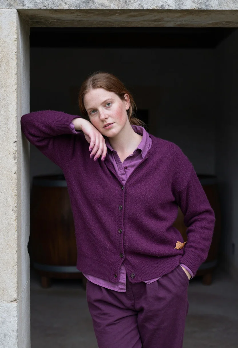 AI vigneronne vendanges plum sample — portrait of a woman, framed half-length from the hips up, th