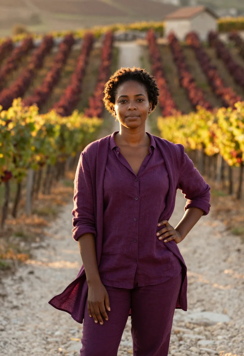 AI vigneronne vendanges plum sample — portrait of a woman, framed half-length from the hips up, th