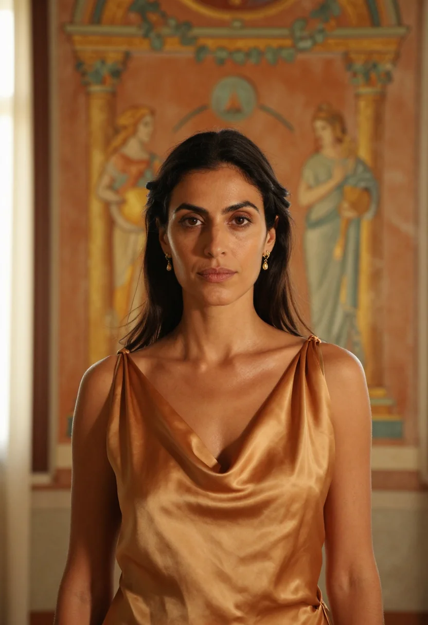 AI villa igiea palermo art nouveau ochre sample — portrait of a woman, a Sicilian woman in her early thirties