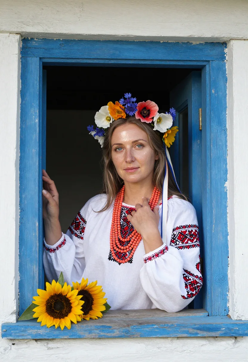 AI vinok bride sample — portrait of a woman, chest-up portrait of a Ukrainian woman