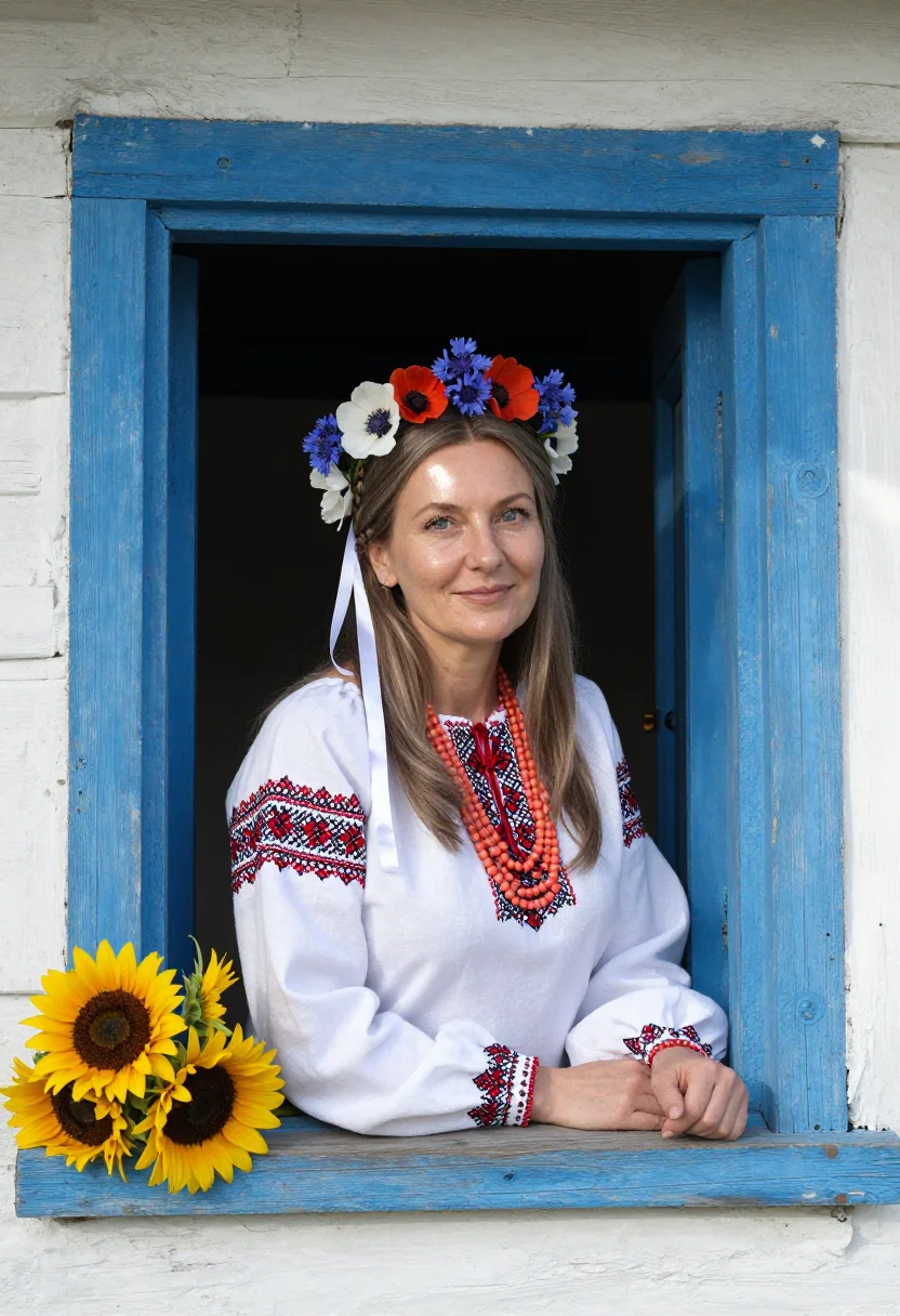 AI vinok bride sample — portrait of a woman, waist-up portrait of a Ukrainian woman