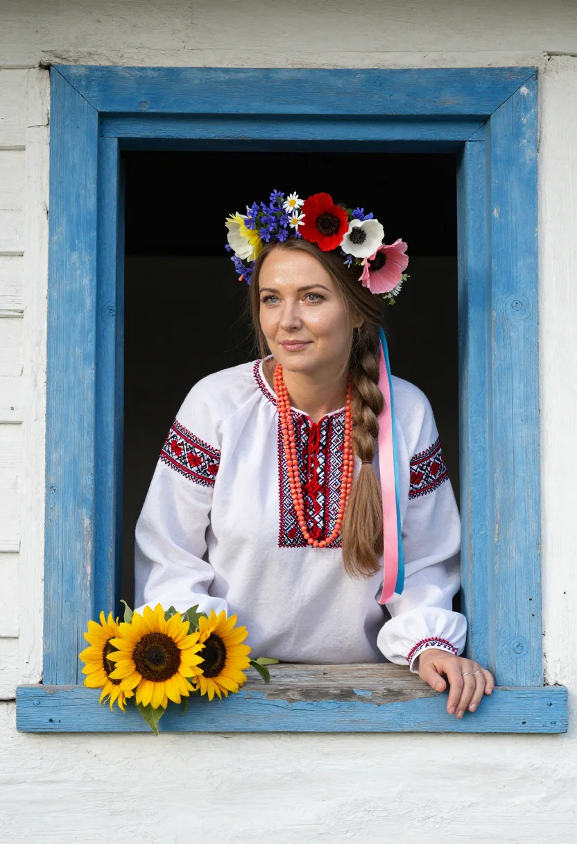 AI vinok bride sample — portrait of a woman, waist-up portrait of a Ukrainian woman