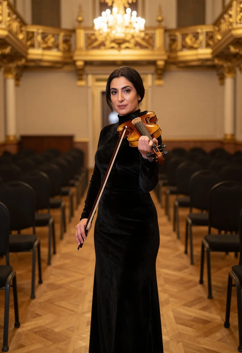 AI violinist musikverein gold sample — portrait of a woman, framed half-length from mid-thigh up in