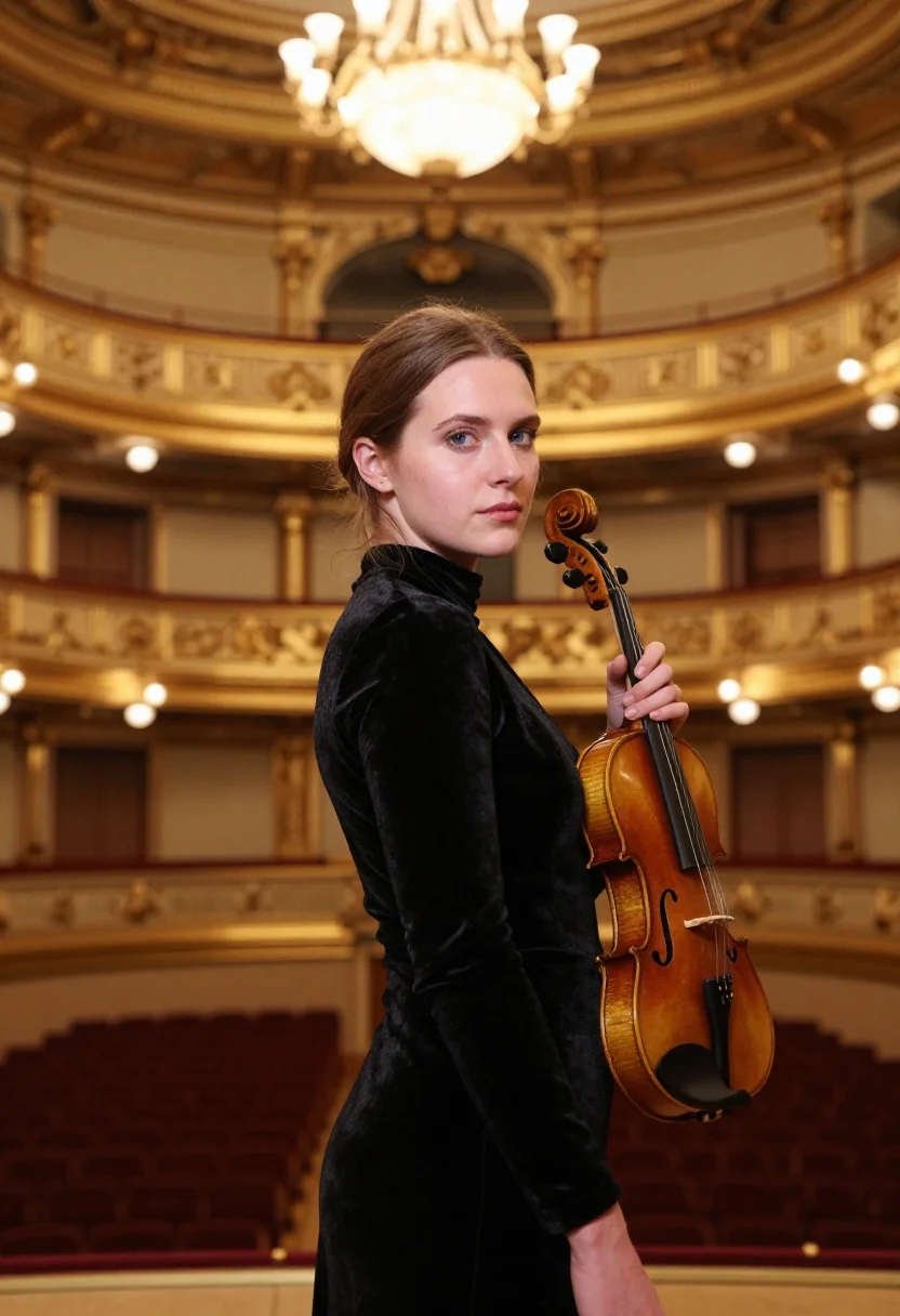 AI violinist musikverein gold sample — portrait of a woman, framed chest-up from the ribs, the body