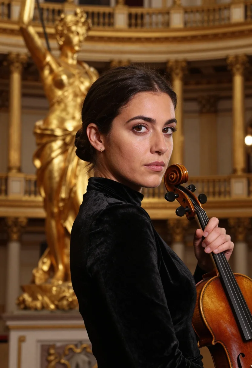 AI violinist musikverein gold sample — portrait of a woman, framed tight, head and shoulders, the b