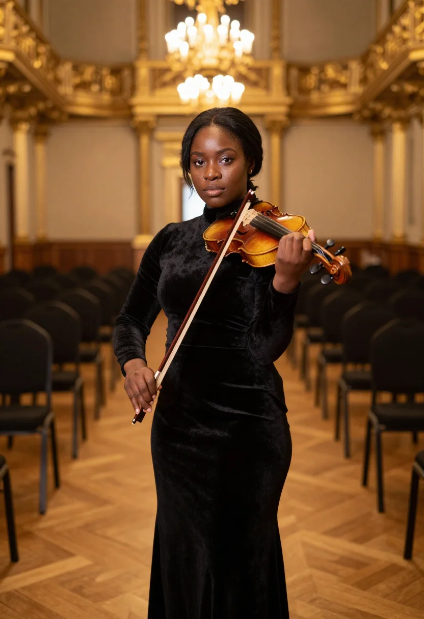 AI violinist musikverein gold sample — portrait of a woman, framed chest-up from the ribs, the body
