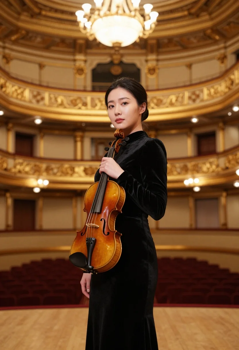 AI violinist musikverein gold sample — portrait of a woman, framed half-length from the waist up, t