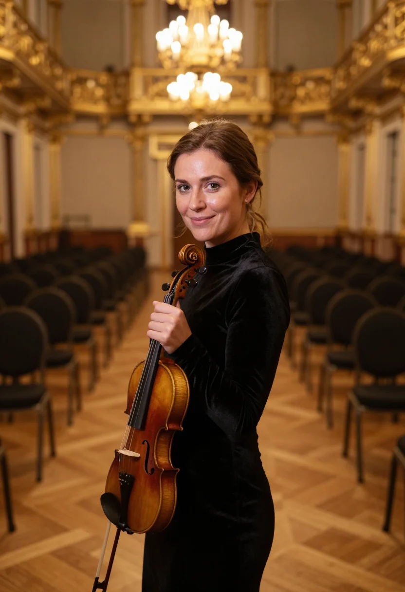 AI violinist musikverein gold sample — portrait of a woman, framed tight, head and shoulders, the b