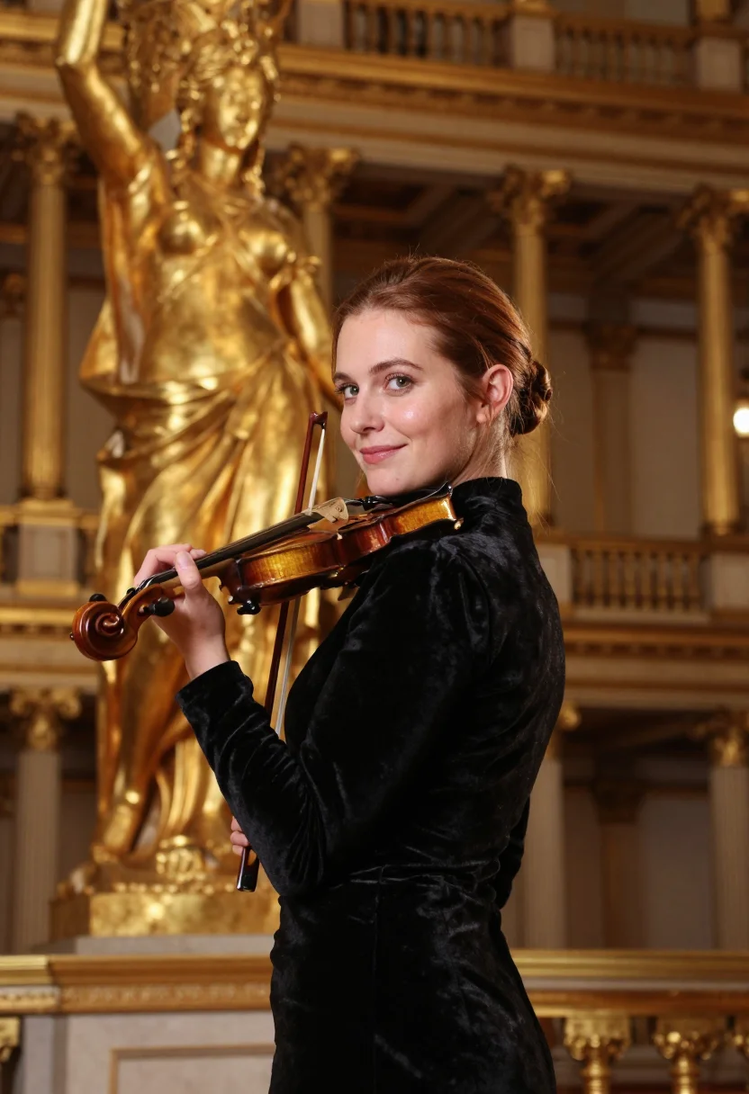 AI violinist musikverein gold sample — portrait of a woman, framed chest-up from the ribs, the body