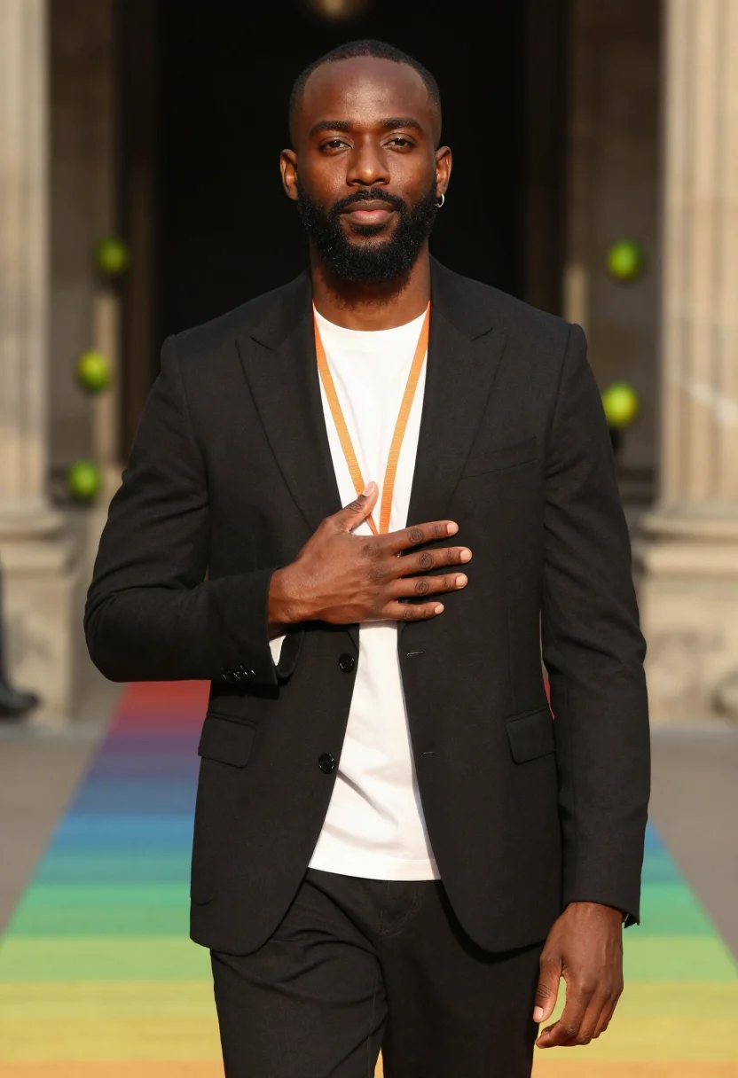AI virgil abloh lv 2018 sample — portrait of a man, close half-length portrait of a Black man