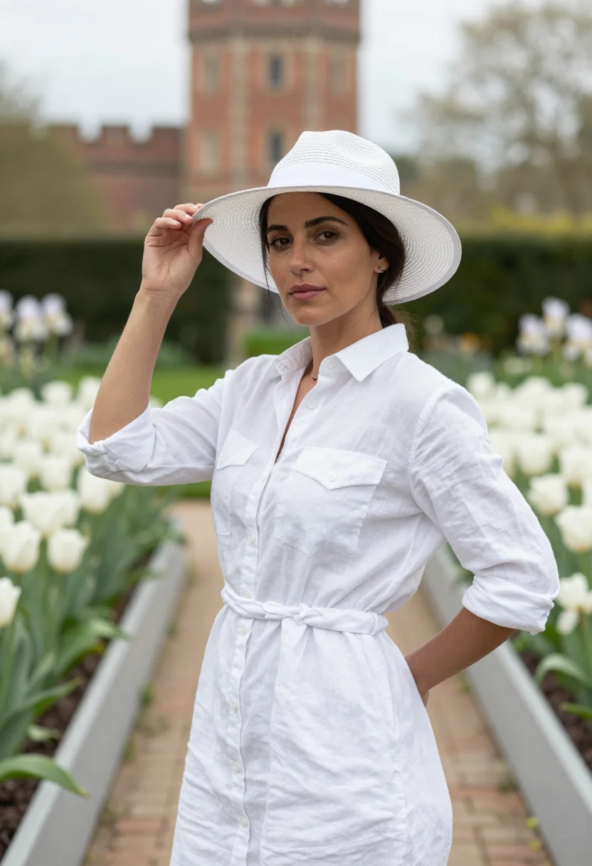 AI vita sackville west sissinghurst white garden may sample — portrait of a woman, framed chest-up from mid-torso, the cam