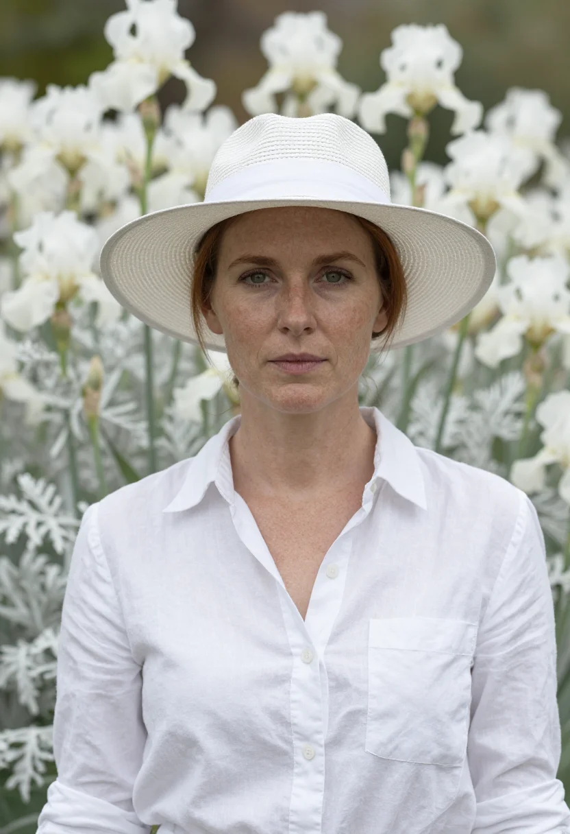AI vita sackville west sissinghurst white garden may sample — portrait of a woman, framed tight, head and shoulders with t