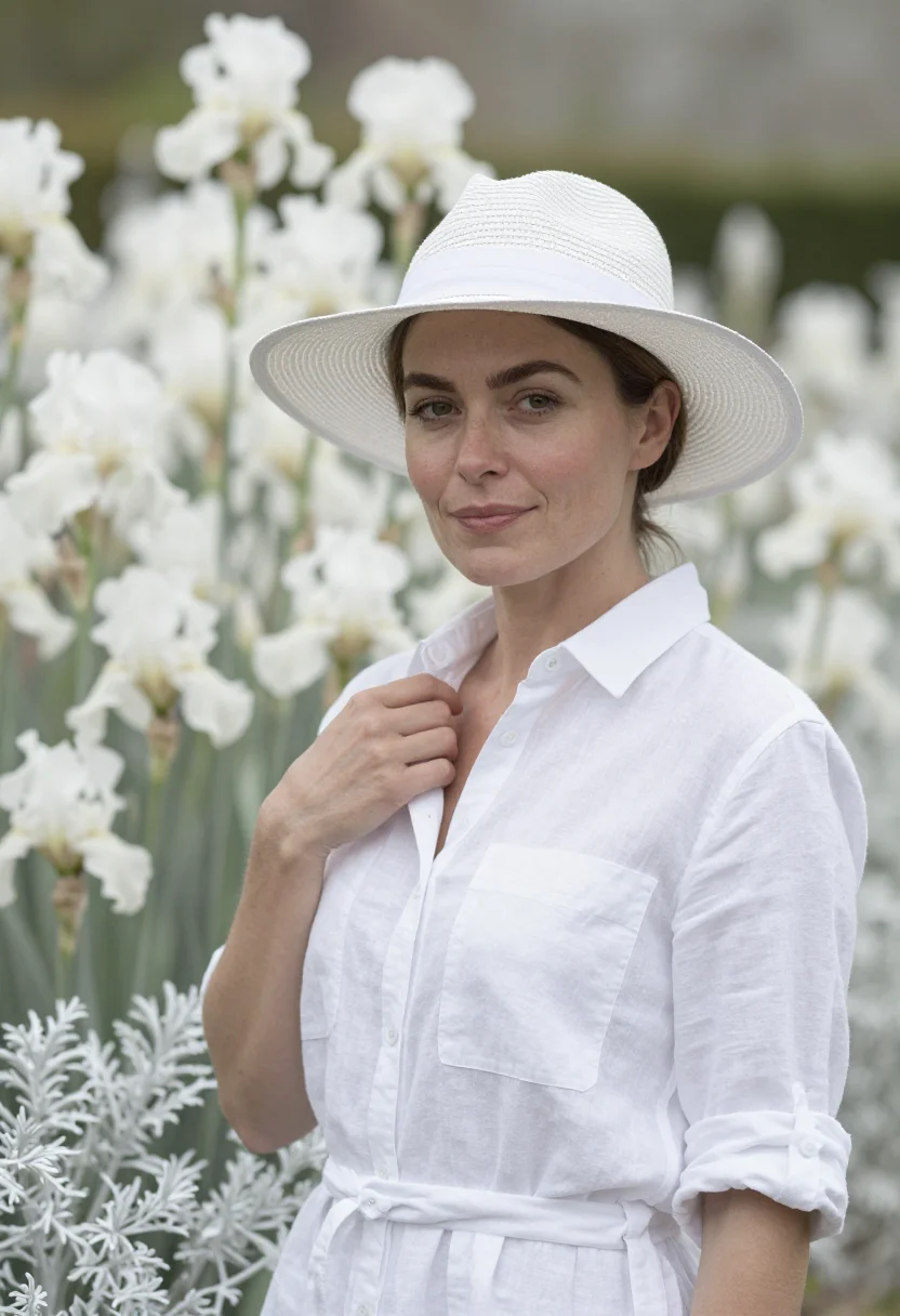 AI vita sackville west sissinghurst white garden may sample — portrait of a woman, framed chest-up from the ribs, the body