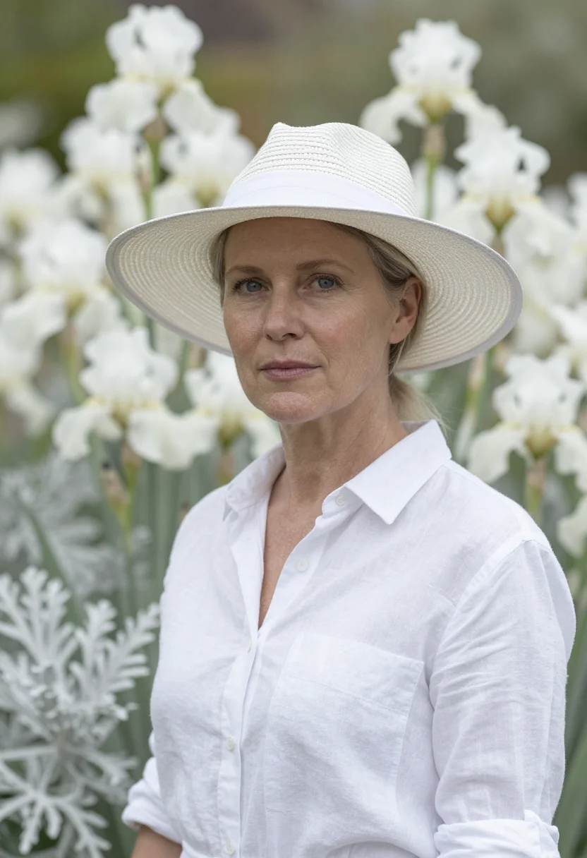 AI vita sackville west sissinghurst white garden may sample — portrait of a woman, framed tight, head and shoulders, the b
